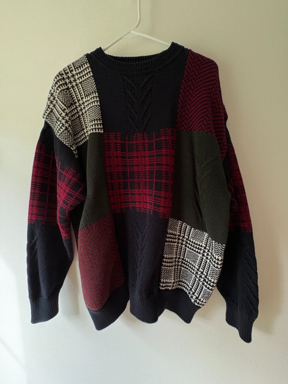 Vintage Roundtree Yorke Patchwork Cable Knit Sweater Cotton Coogi Style L